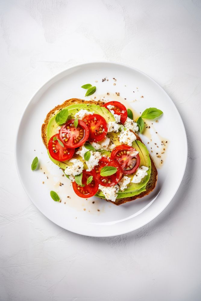 Avocado toast plate tomato food. AI generated Image by rawpixel.