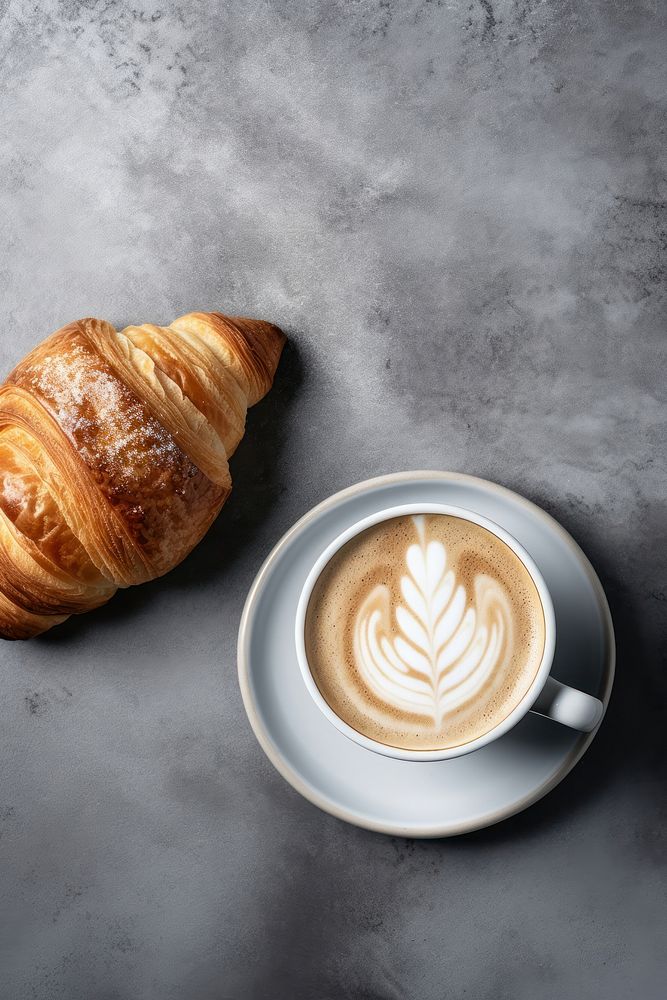 Hot latte art food croissant coffee. AI generated Image by rawpixel.