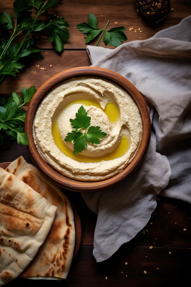Hummus bread table plate. AI generated Image by rawpixel.