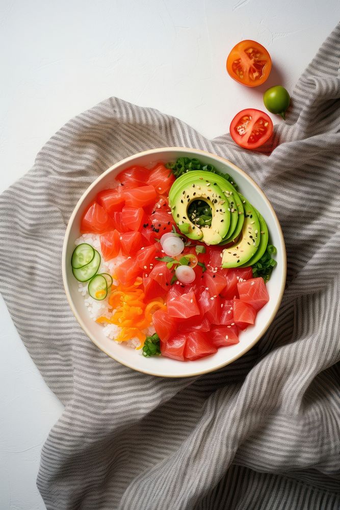 Poke bowl plate table food. AI generated Image by rawpixel.
