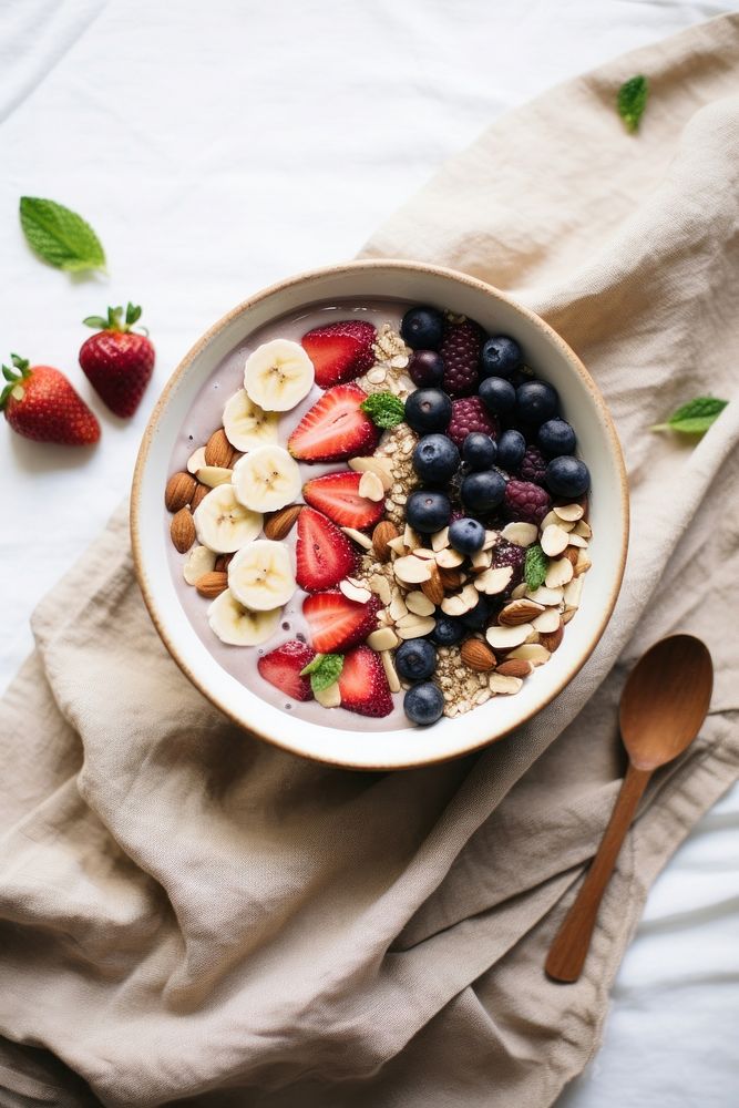 Acai bowl spoon table food. AI generated Image by rawpixel.