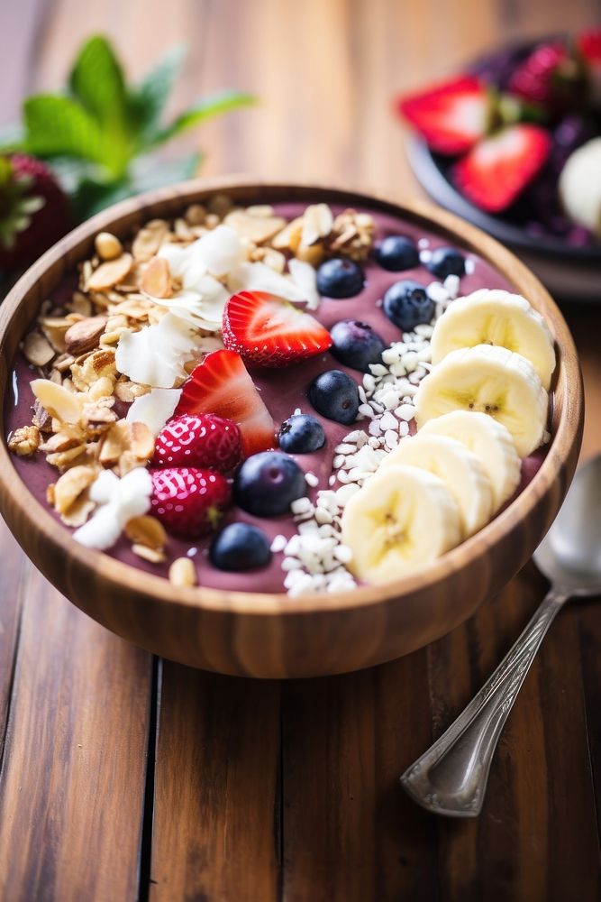 Acai bowl table spoon food. AI generated Image by rawpixel.