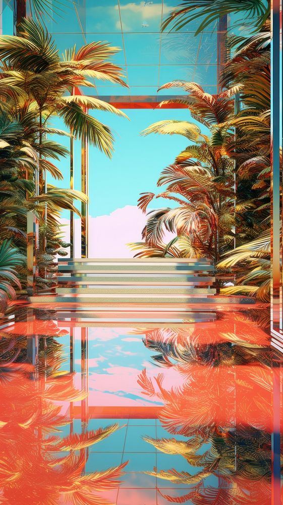 Tropical leave architecture reflection painting. AI generated Image by rawpixel.