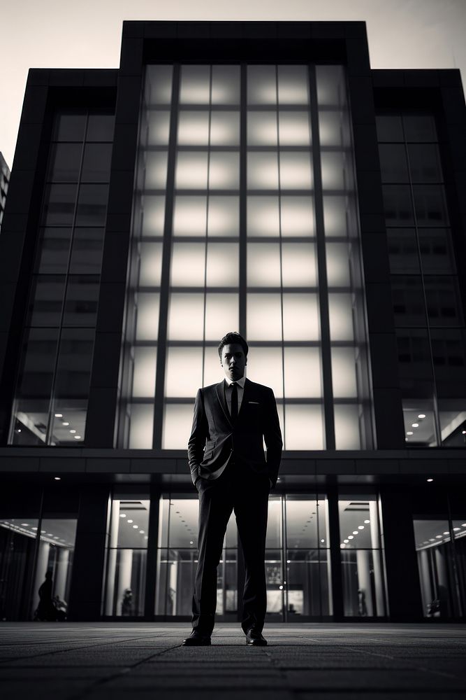 A man in a suit standing beside a building architecture adult city. AI generated Image by rawpixel.
