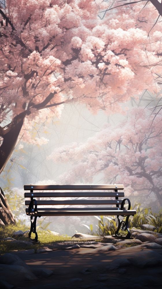 A bench sitting in front of a spring tree blossom outdoors nature. AI generated Image by rawpixel.