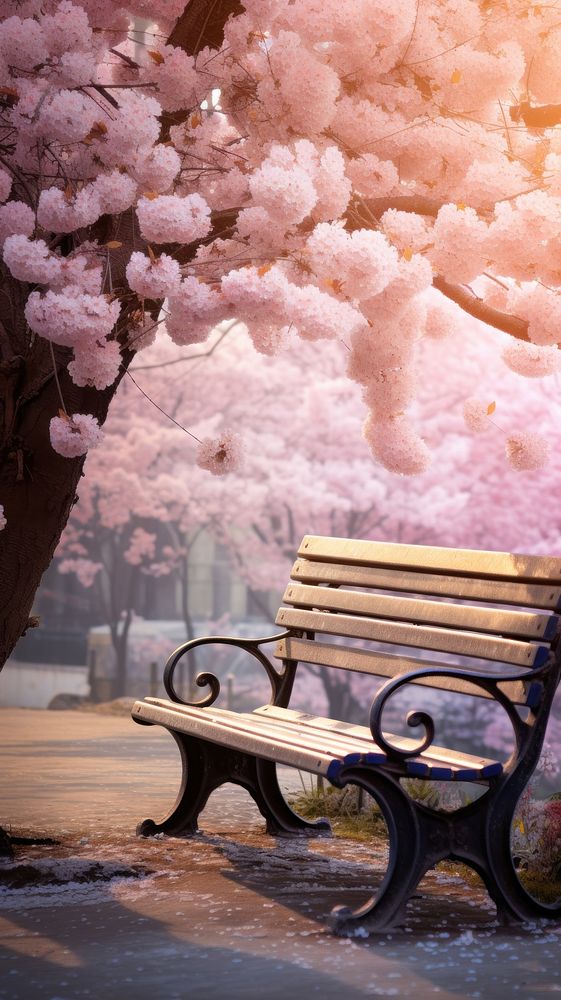 A bench sitting in front of a spring tree blossom furniture flower. AI generated Image by rawpixel.
