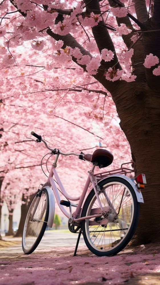 A bicycle under a blossoming cherry tree vehicle cycling flower. AI generated Image by rawpixel.