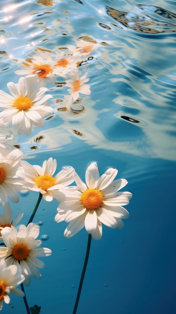 Daisy and iris flowers in clear blue water outdoors blossom nature. AI generated Image by rawpixel.