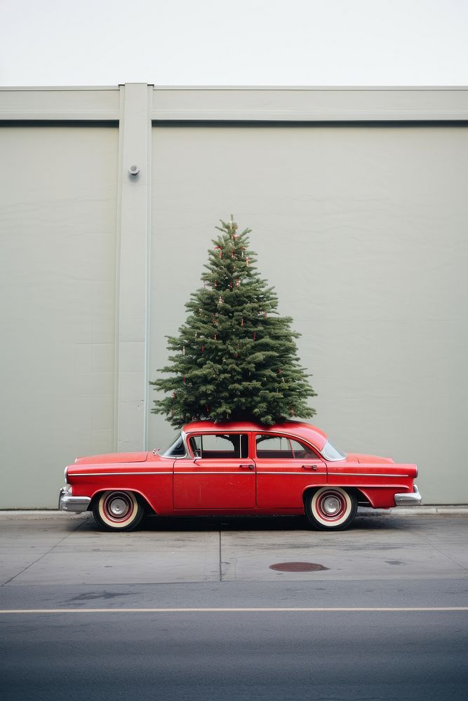A red car with a Christmas tree decoration christmas vehicle. AI generated Image by rawpixel.