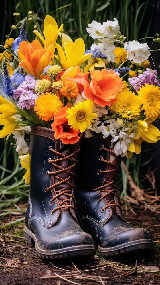 A spring flowers bunch in a pair of plastic boots plant petal shoe. AI generated Image by rawpixel.