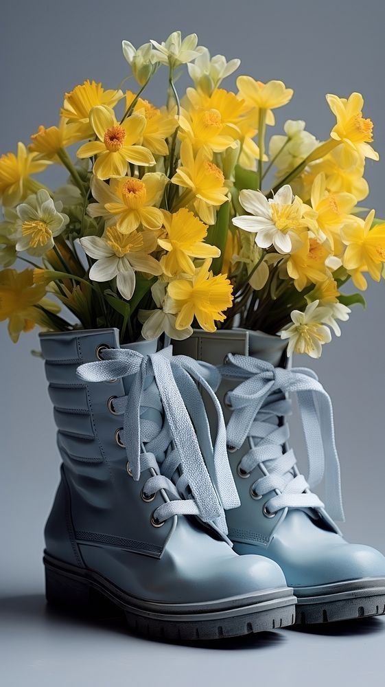 A spring flowers bunch in a pair of plastic boots daffodil footwear plant. AI generated Image by rawpixel.