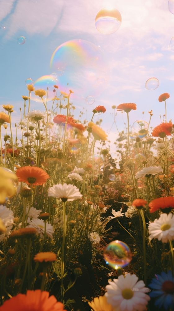 Flowers field sky landscape. AI generated Image by rawpixel.