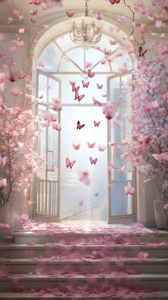 Butterflies fly above spring blossom flowers architecture building plant. AI generated Image by rawpixel.
