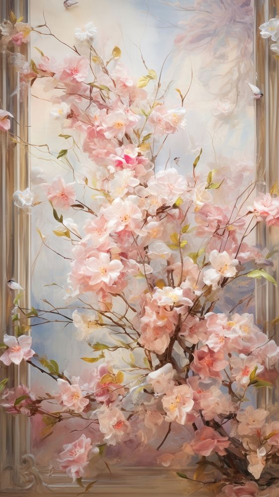 Butterflies fly above spring blossom flowers painting plant art. AI generated Image by rawpixel.