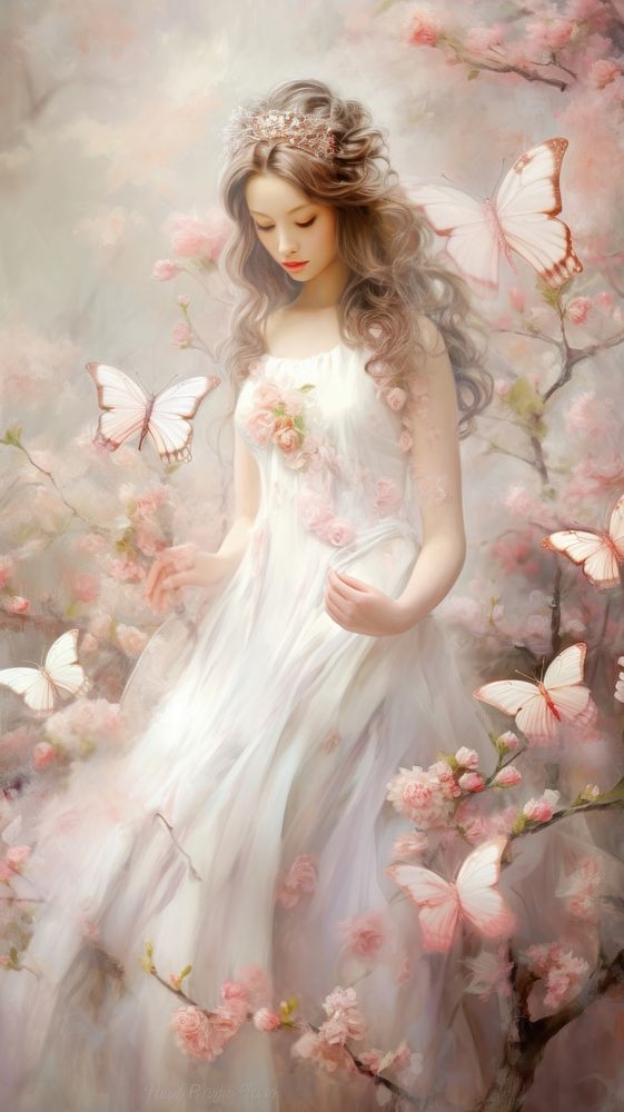 Butterflies fly above spring blossom flowers painting portrait dress. AI generated Image by rawpixel.
