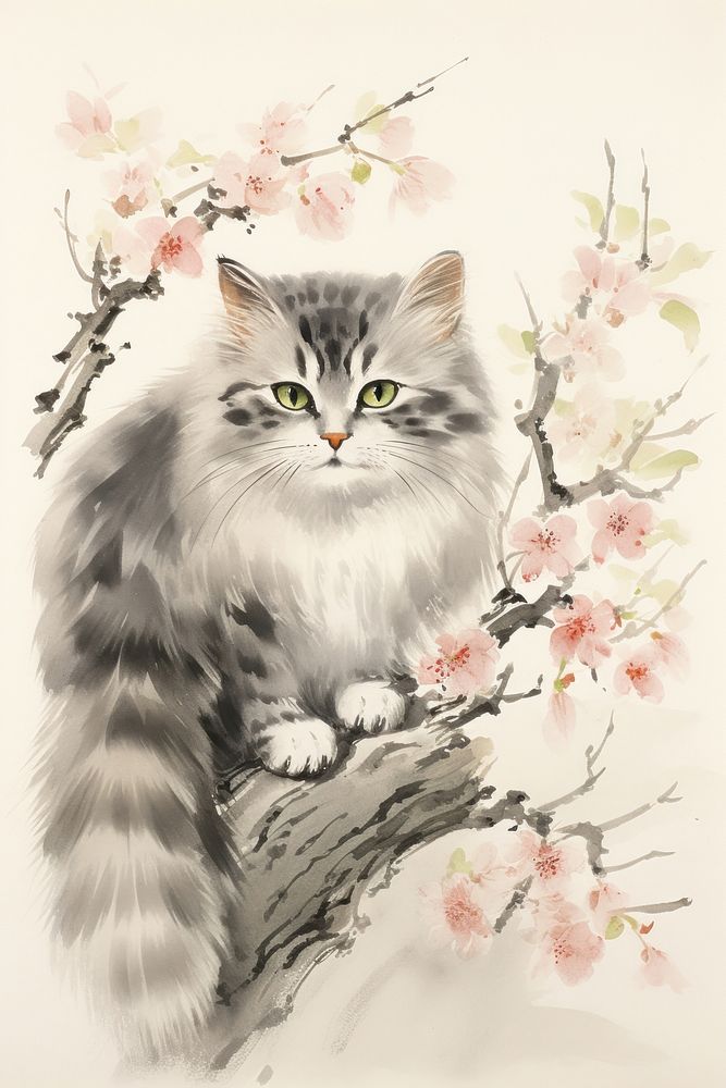 Chinese traditional painting of cat drawing animal mammal. AI generated Image by rawpixel.