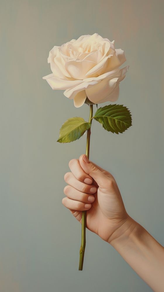Close up woman hand holding white rose flower plant inflorescence. AI generated Image by rawpixel.