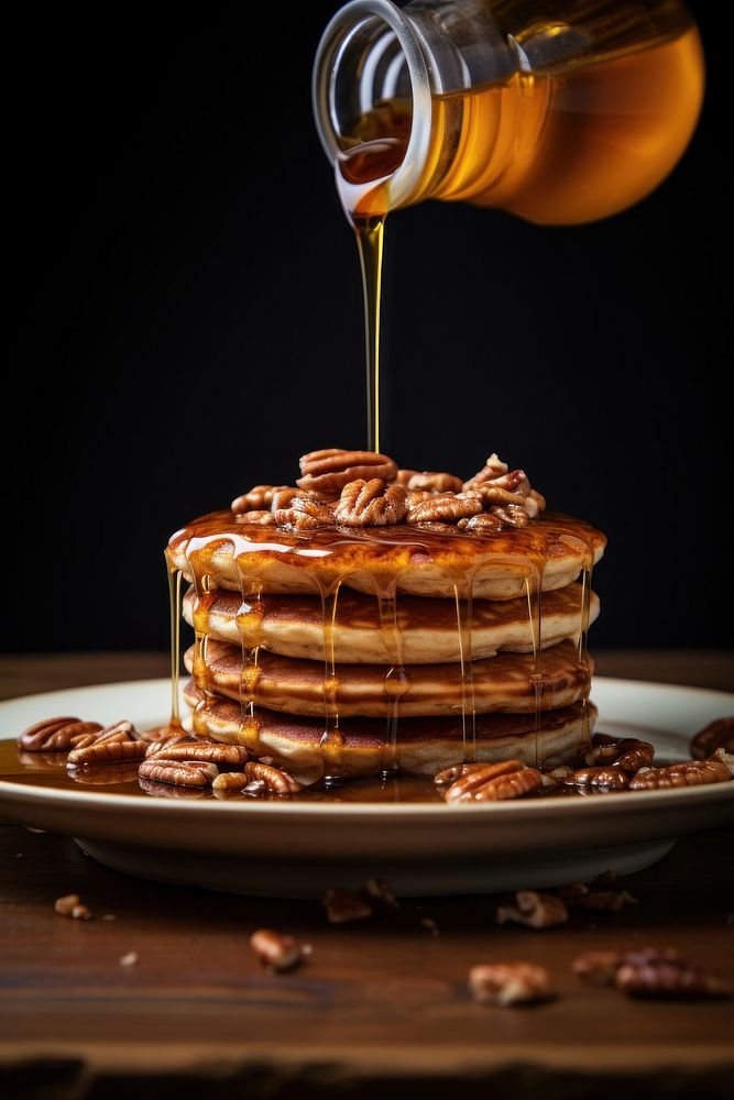 Pouring maple syrup food pancake plate. AI generated Image by rawpixel.