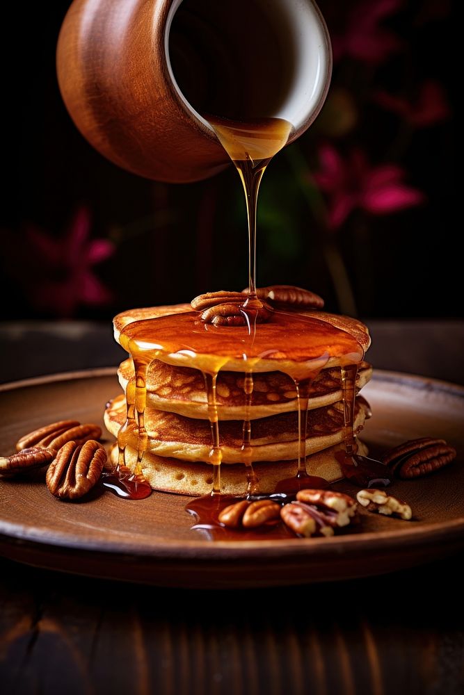 Pouring maple syrup food pancake plate. AI generated Image by rawpixel.