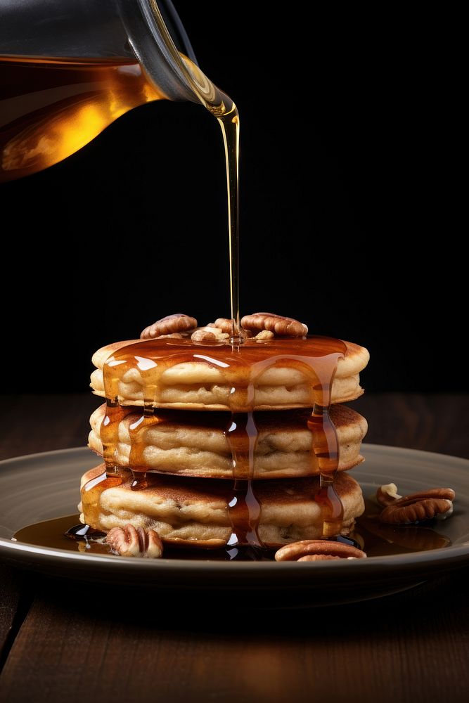 Pouring maple syrup plate food pancake. AI generated Image by rawpixel.