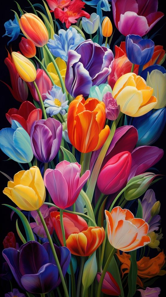 Tulips in a spring flower garden painting plant art. AI generated Image by rawpixel.