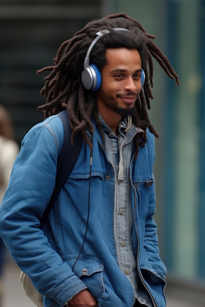 Blackman dreadlocks-hair in blue jacket jean wear headphone headphones portrait headset. AI generated Image by rawpixel.