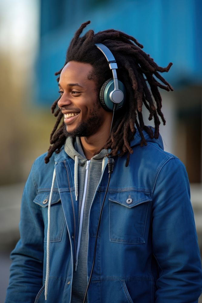 Blackman dreadlocks-hair in blue jacket jean wear headphone headphones headset smile. AI generated Image by rawpixel.