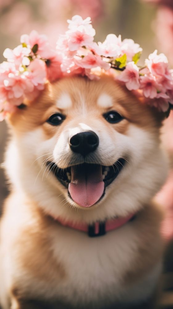 Cute dog with spring flower crown outdoors mammal animal. AI generated Image by rawpixel.