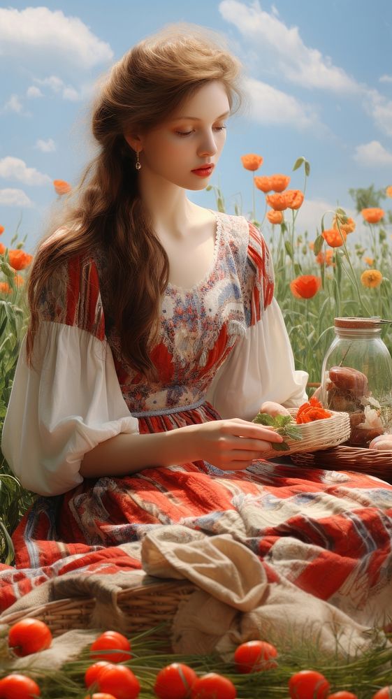Picnic in the spring fields with flowers sitting dress plant. AI generated Image by rawpixel.