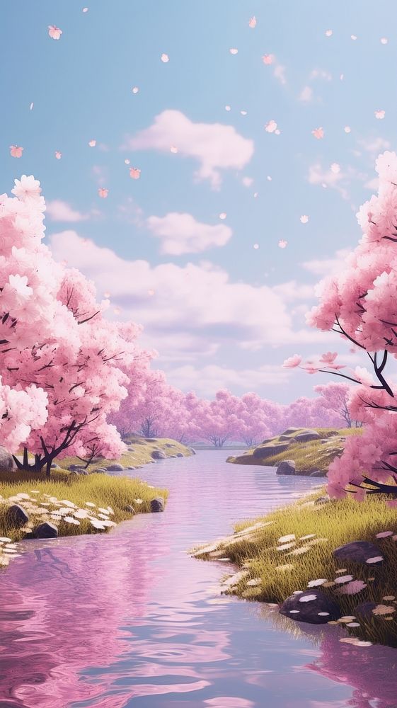 Spring aesthetic background of vanilla river landscape outdoors blossom. AI generated Image by rawpixel.
