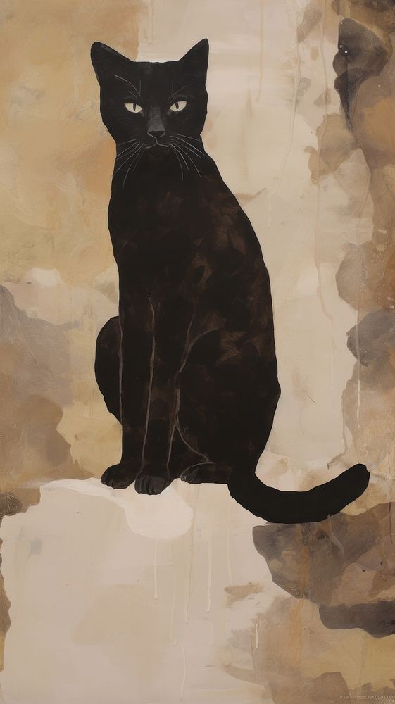 Painting illustration of cat animal mammal black. AI generated Image by rawpixel.
