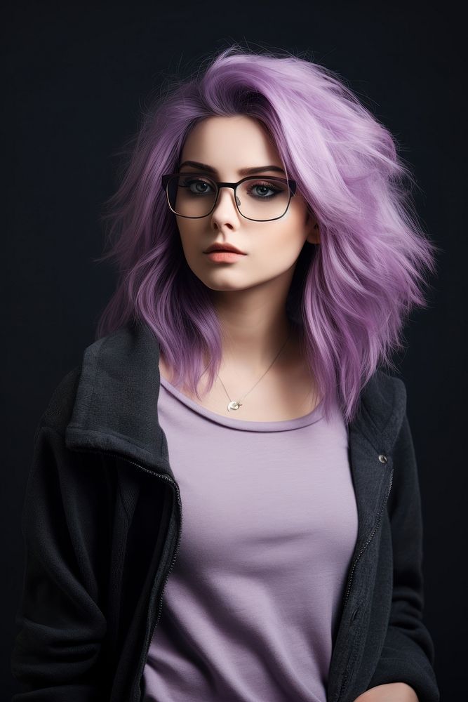 A woman in purple hair with glasse glasses adult wig. AI generated Image by rawpixel.