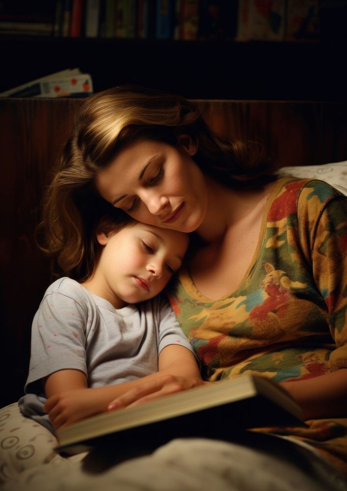 A kid sleeping while a mother reading a bedtime story publication photography furniture. AI generated Image by rawpixel.