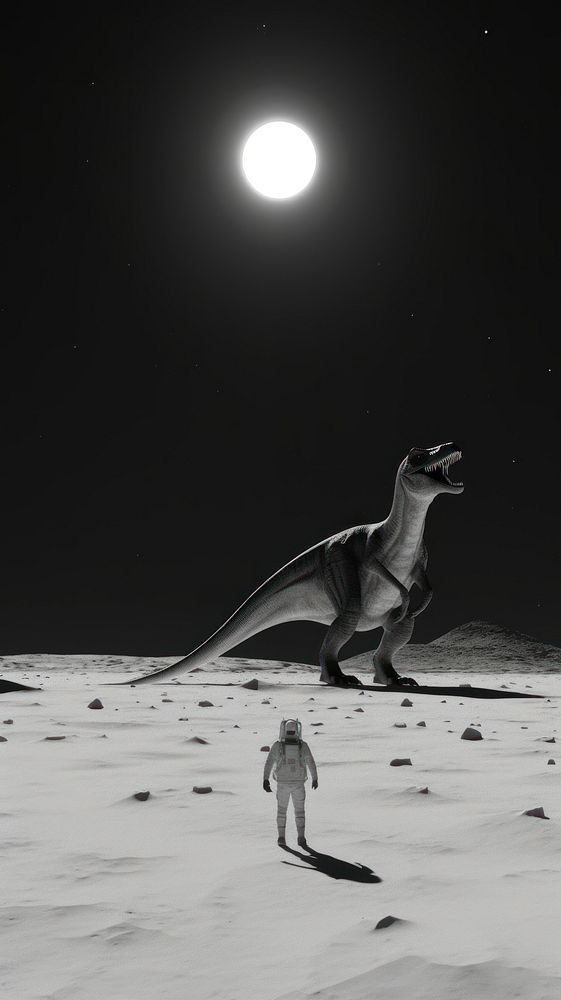 An astronomy walking on the moon with a dinosaur outdoors nature animal. AI generated Image by rawpixel.