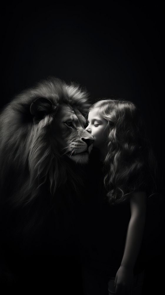 A little girl kissing lion cheek photography portrait mammal. AI generated Image by rawpixel.