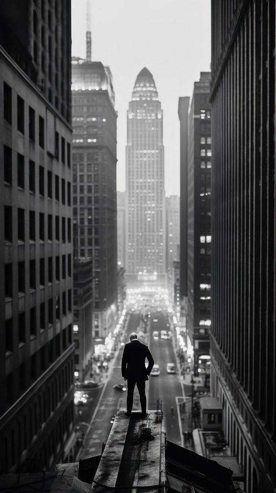 A giant man walking in the city architecture metropolis silhouette. AI generated Image by rawpixel.