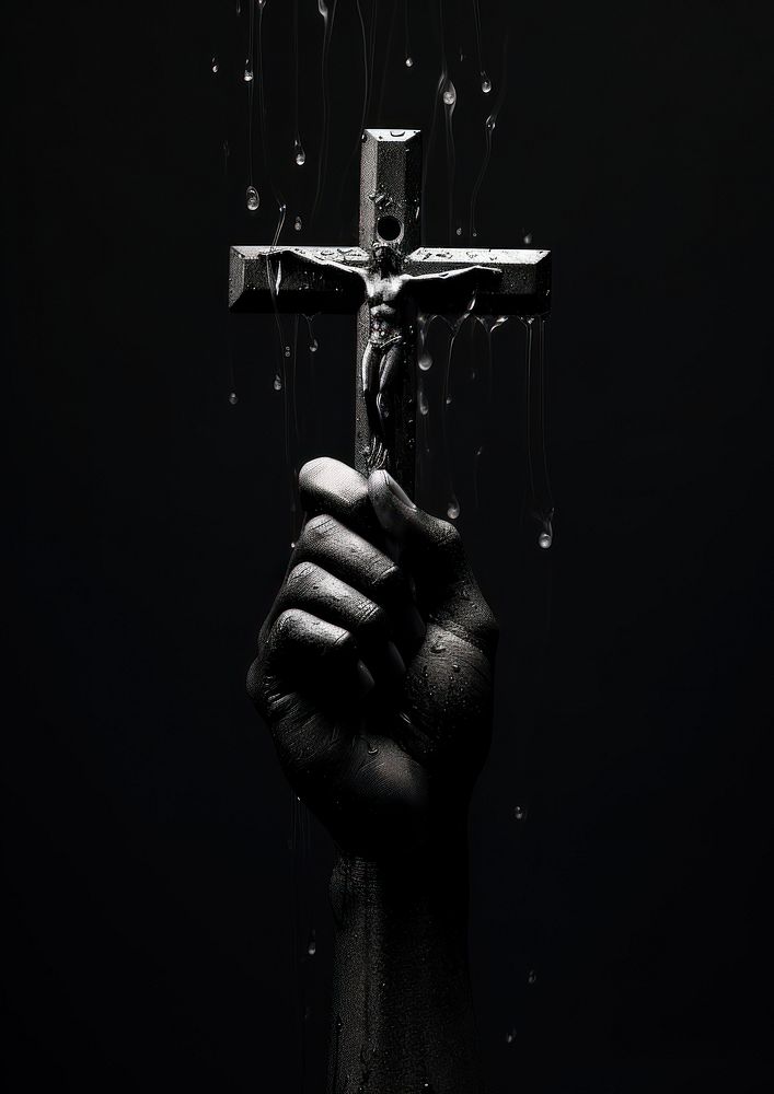 A hand praying with a cross black catholicism monochrome. AI generated Image by rawpixel.