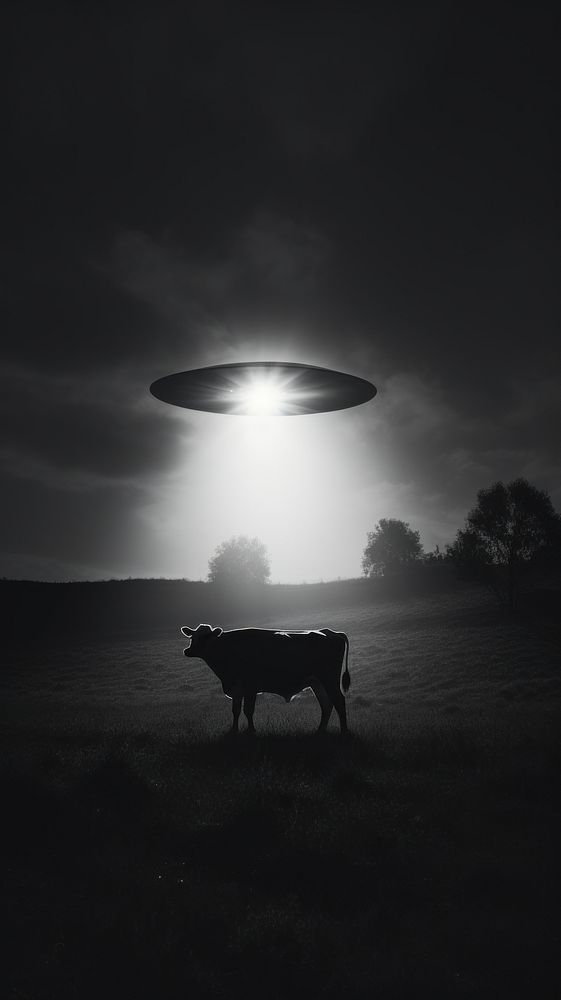 An ufo shine the light to the cow on the greenery silhouette outdoors nature. 