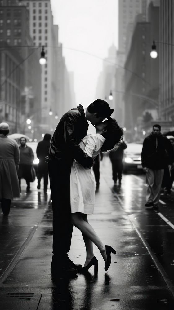 A couple kissing in the middle of the street in the city outdoors dancing motion. 