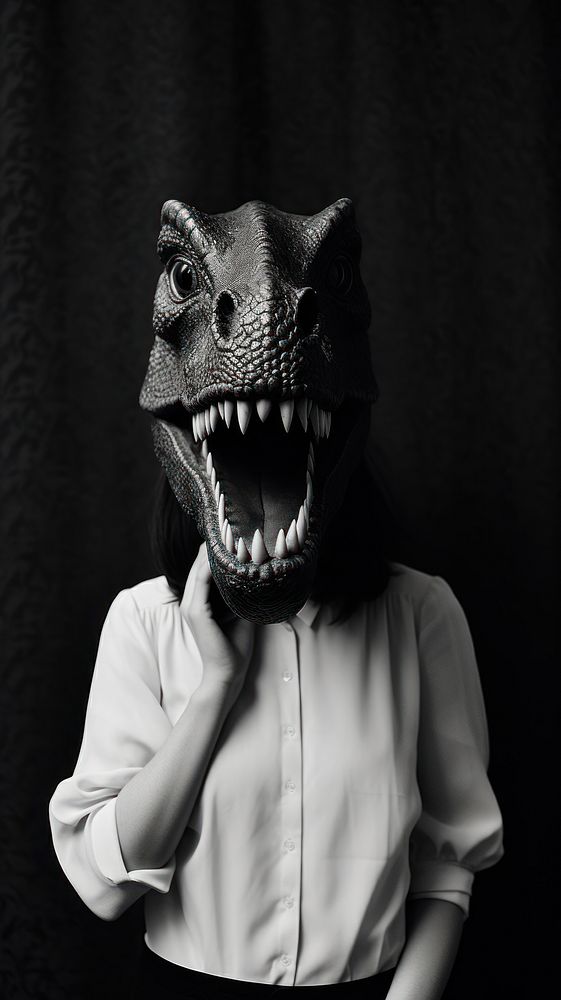 A woman wearing dinosaur head photography portrait black. 