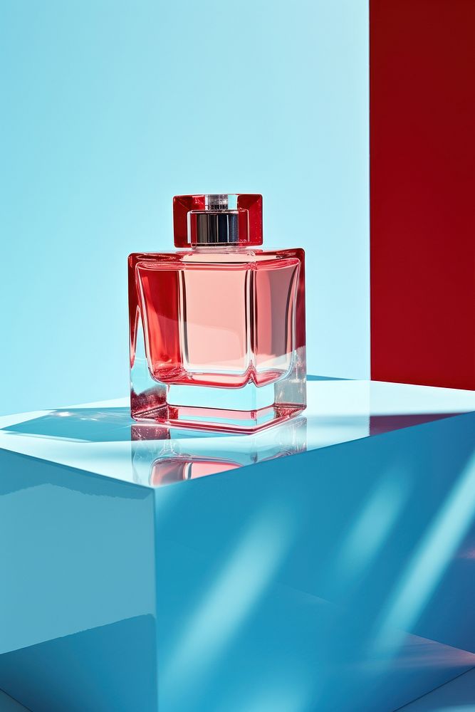 Perfume on top of the white cube cosmetics blue red. AI generated Image by rawpixel.