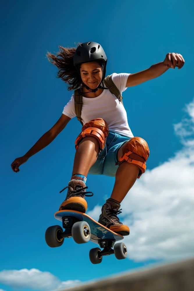 Woman wearing roller blades skateboard jumping skating. 