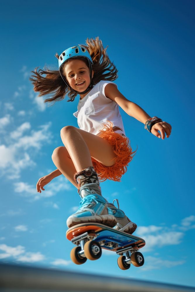 Girl wearing roller blades and helmet skateboard jumping sports. AI generated Image by rawpixel.