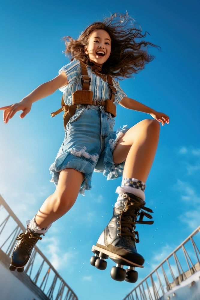 Young girl wearing roller blades jumping sports blue. AI generated Image by rawpixel.