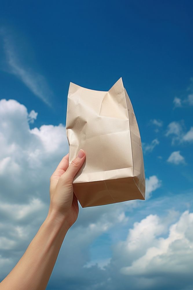 Hand holding a paper bag sky cardboard origami. AI generated Image by rawpixel.