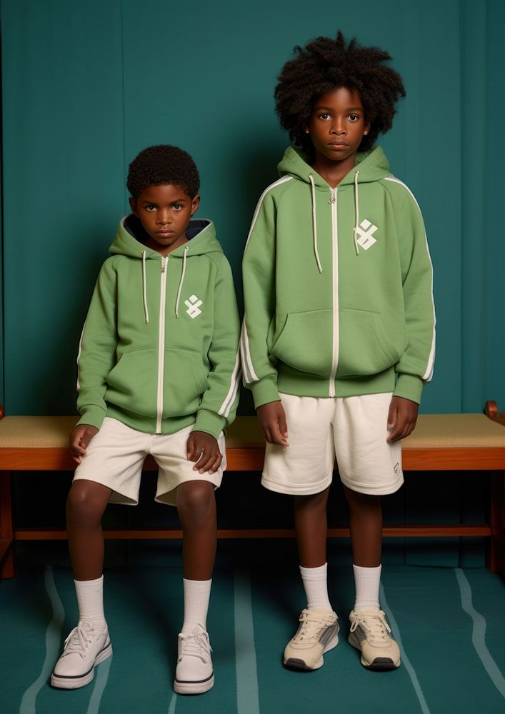 A two black kids wearing hoody in the green room carry tennis equipment sweatshirt footwear sitting. AI generated Image by…