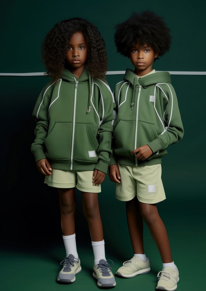 A two black kids wearing hoody in the green room carry tennis equipment footwear child togetherness. AI generated Image by…