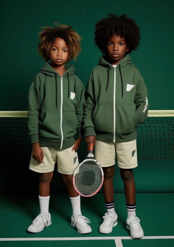 A two black kids wearing hoody in the green room carry tennis equipment sweatshirt sports racket. AI generated Image by…