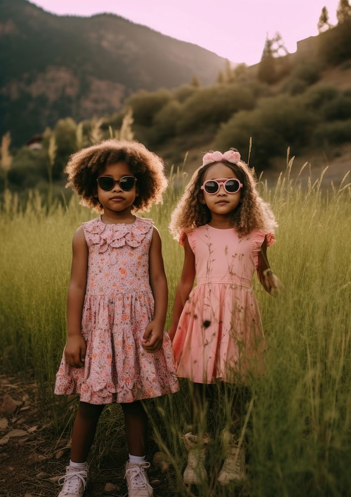 A two black little girl wearing pink dress and cute flowr shape sun-glasses standing next to each other on the green yard in…