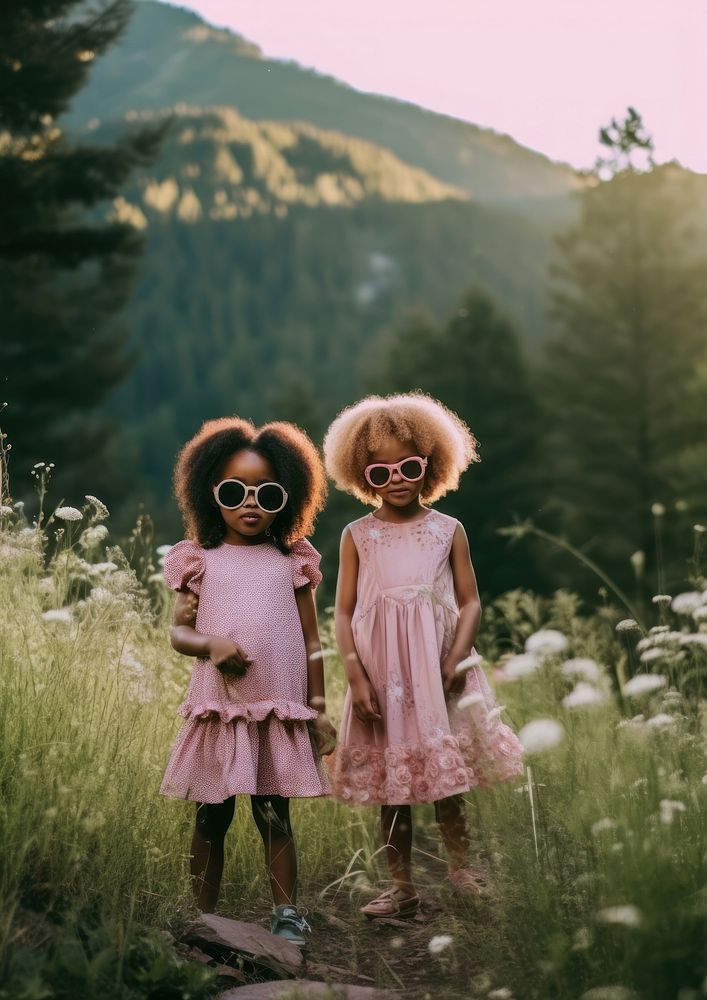 A two black little girl wearing pink dress and cute flowr shape sun-glasses standing next to each other on the green yard in…